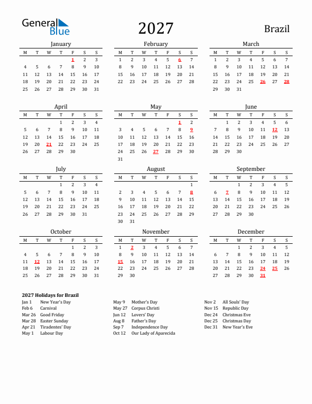 Brazil Holidays Calendar for 2027