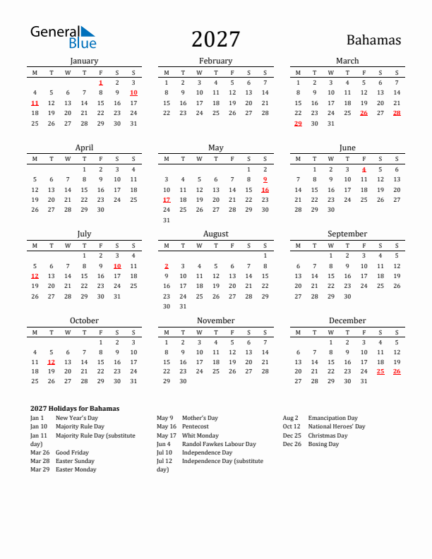 Bahamas Holidays Calendar for 2027