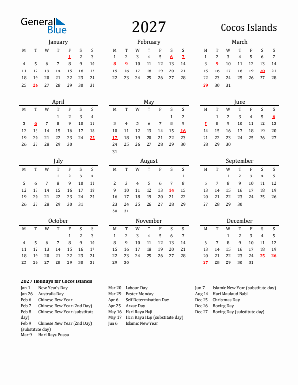 Cocos Islands Holidays Calendar for 2027