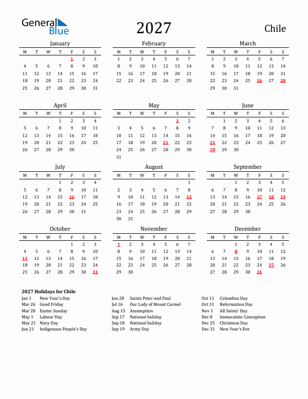 Chile Holidays Calendar for 2027