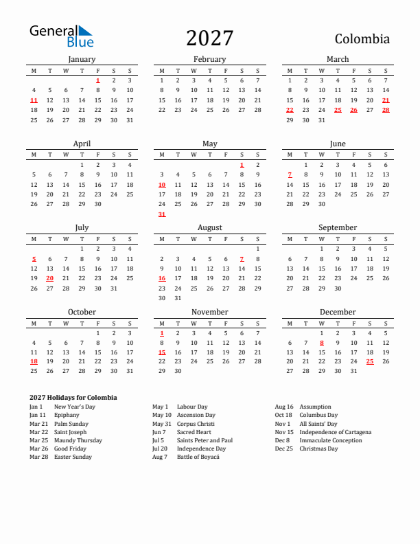 Colombia Holidays Calendar for 2027