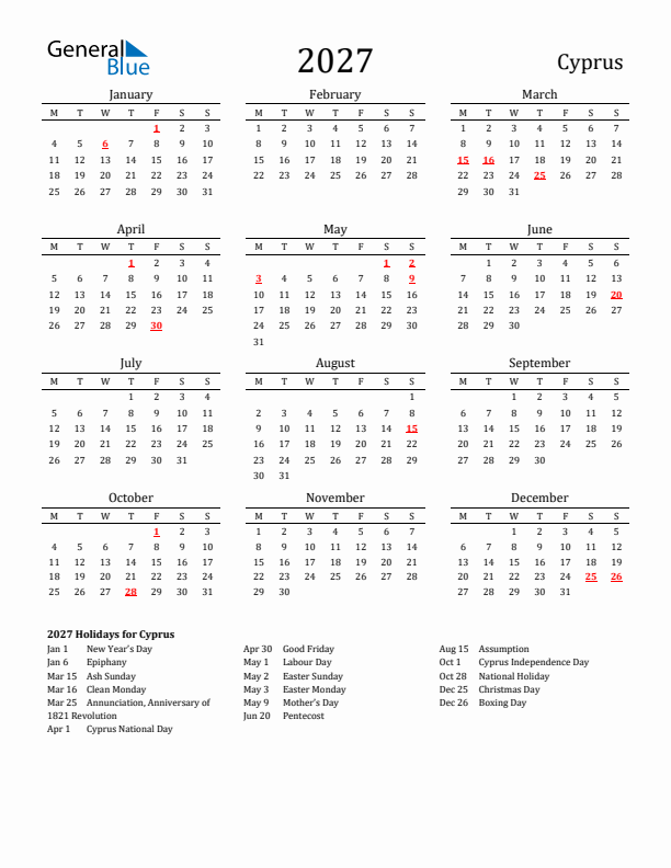 Cyprus Holidays Calendar for 2027