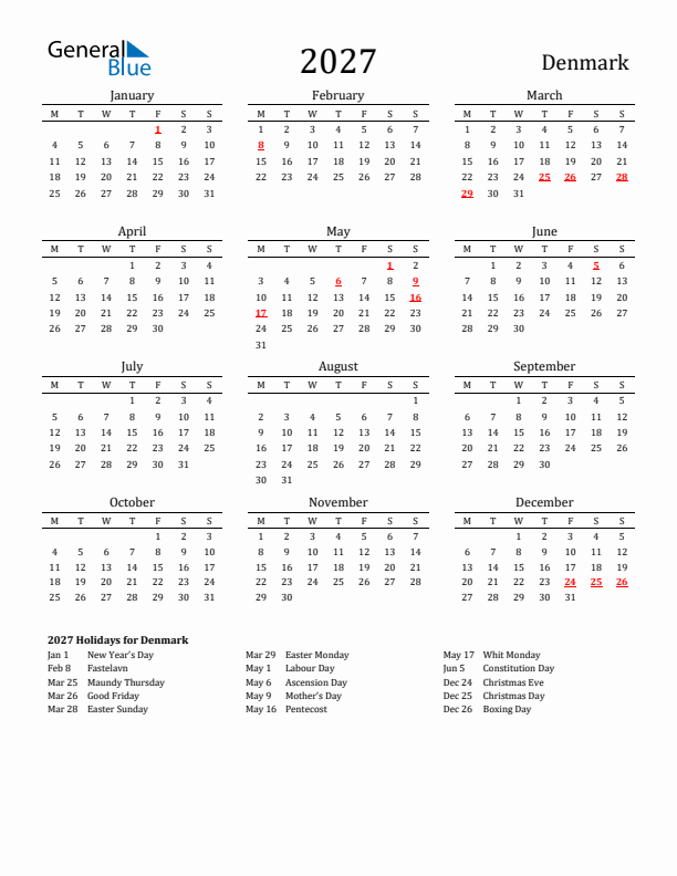 Denmark Holidays Calendar for 2027