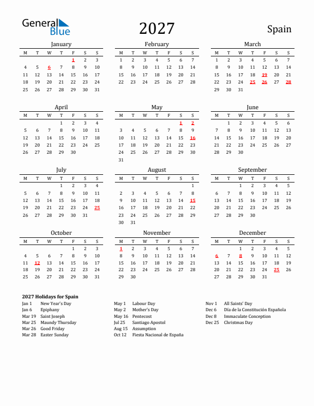 Spain Holidays Calendar for 2027