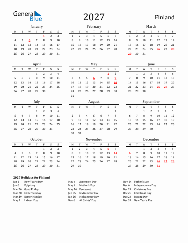 Finland Holidays Calendar for 2027