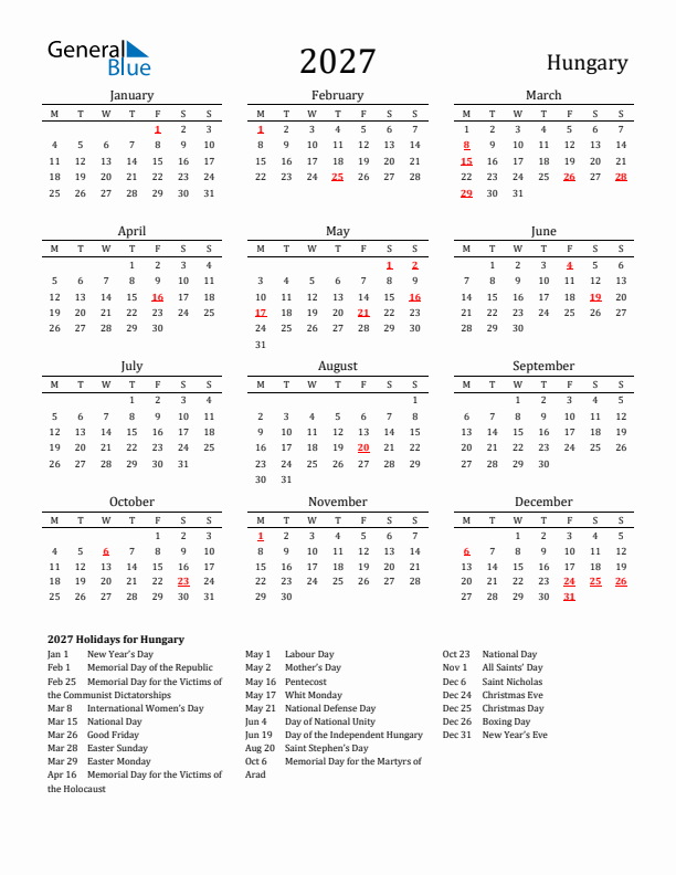 Hungary Holidays Calendar for 2027