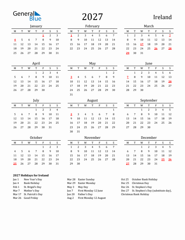 Ireland Holidays Calendar for 2027