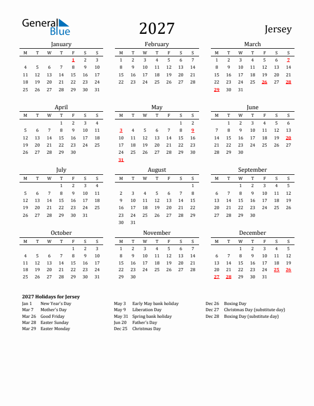 Jersey Holidays Calendar for 2027