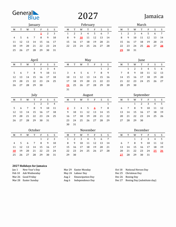 Jamaica Holidays Calendar for 2027