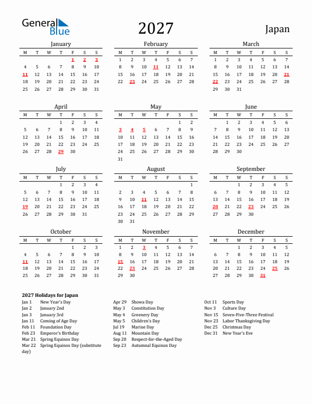 Japan Holidays Calendar for 2027