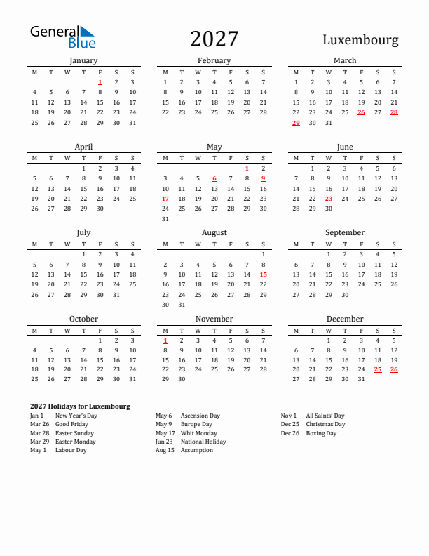 Luxembourg Holidays Calendar for 2027