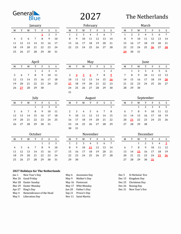 The Netherlands Holidays Calendar for 2027