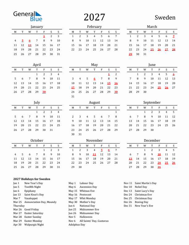 Sweden Holidays Calendar for 2027