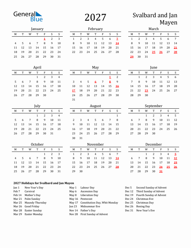 Svalbard and Jan Mayen Holidays Calendar for 2027