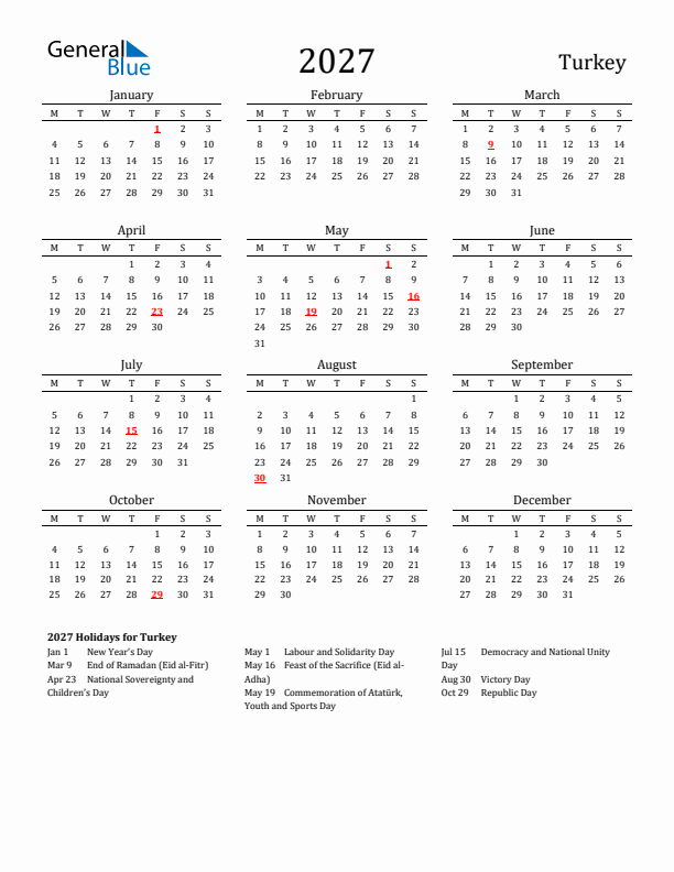 Turkey Holidays Calendar for 2027