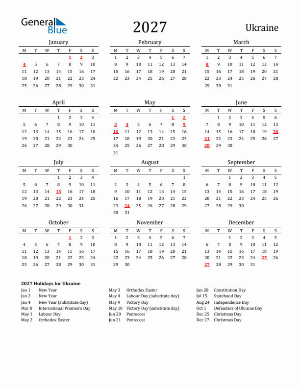 Ukraine Holidays Calendar for 2027