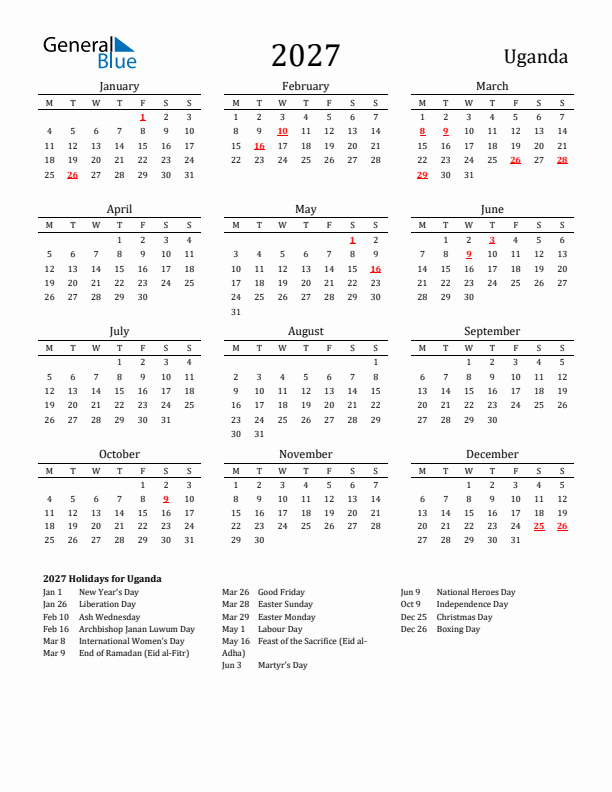 Uganda Holidays Calendar for 2027