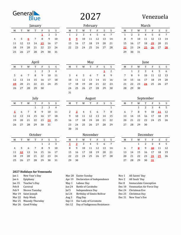 Venezuela Holidays Calendar for 2027