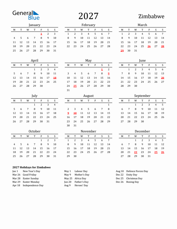 Zimbabwe Holidays Calendar for 2027