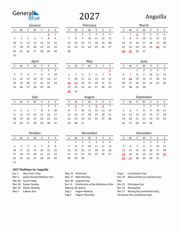 Anguilla Holidays Calendar for 2027