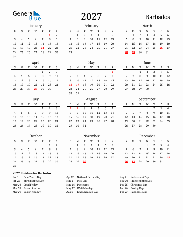 Barbados Holidays Calendar for 2027