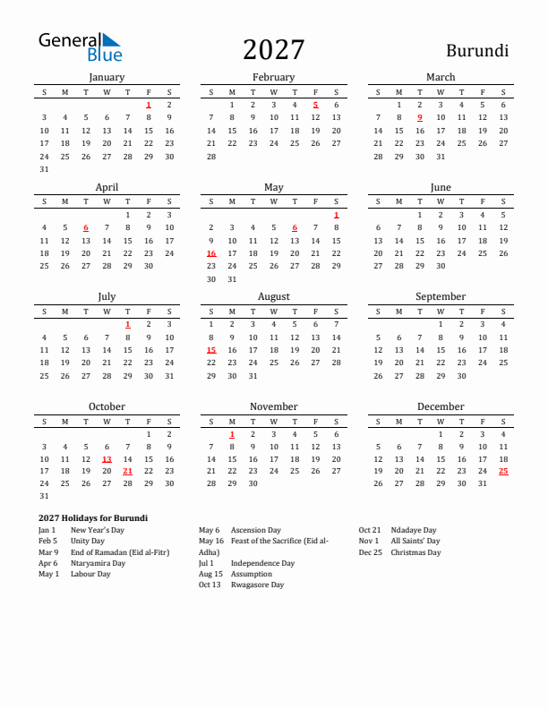 Burundi Holidays Calendar for 2027