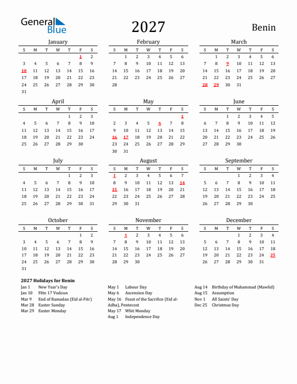 Benin Holidays Calendar for 2027