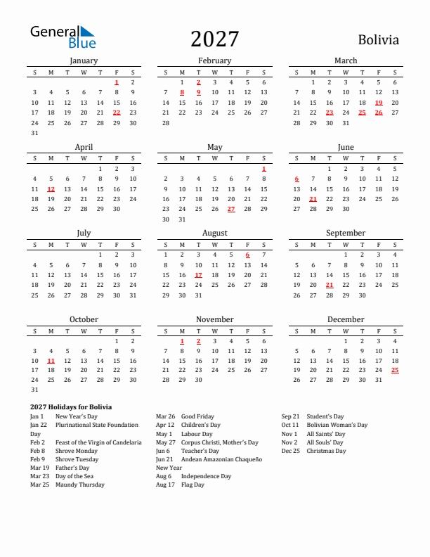 Bolivia Holidays Calendar for 2027