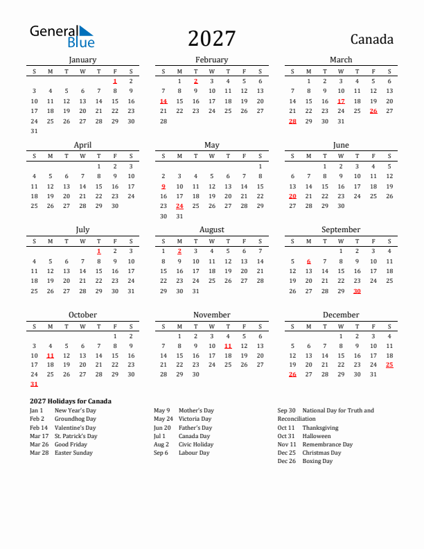 Canada Holidays Calendar for 2027