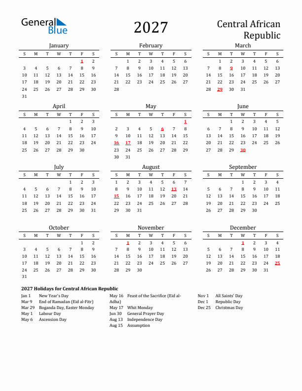 Central African Republic Holidays Calendar for 2027