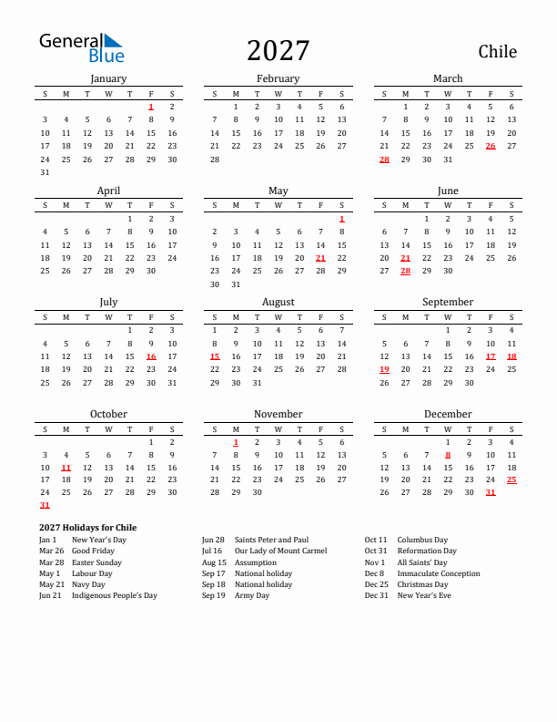 Chile Holidays Calendar for 2027