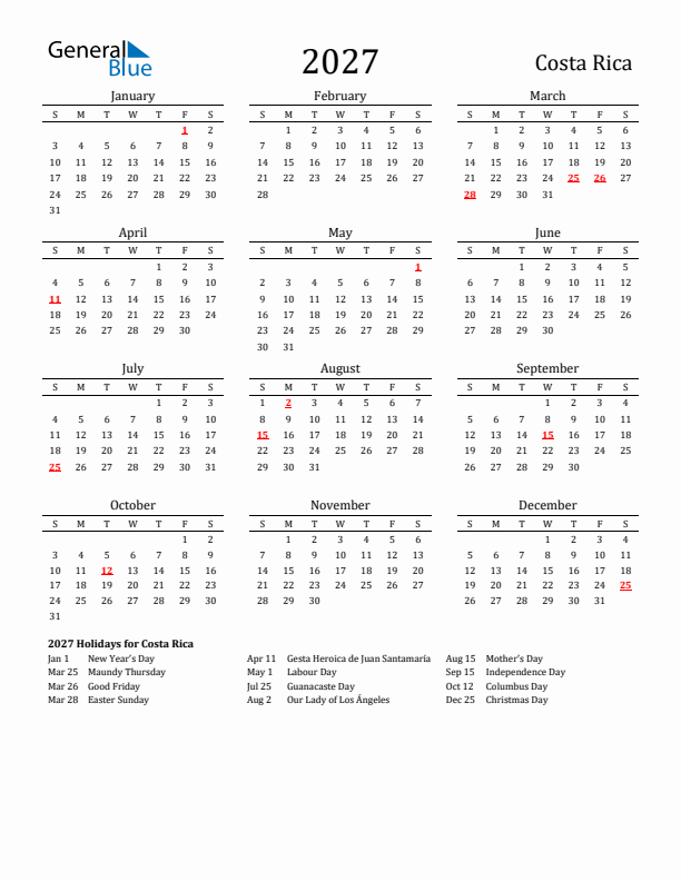 Costa Rica Holidays Calendar for 2027