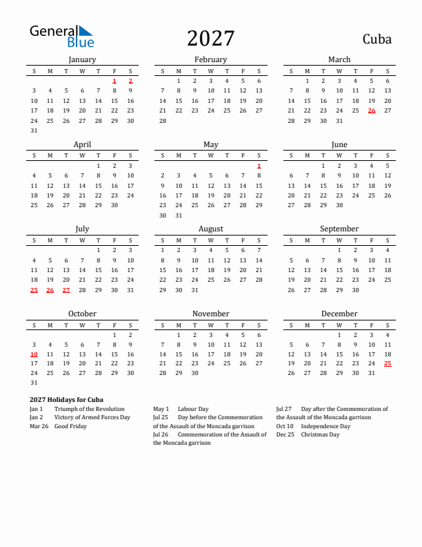 Cuba Holidays Calendar for 2027