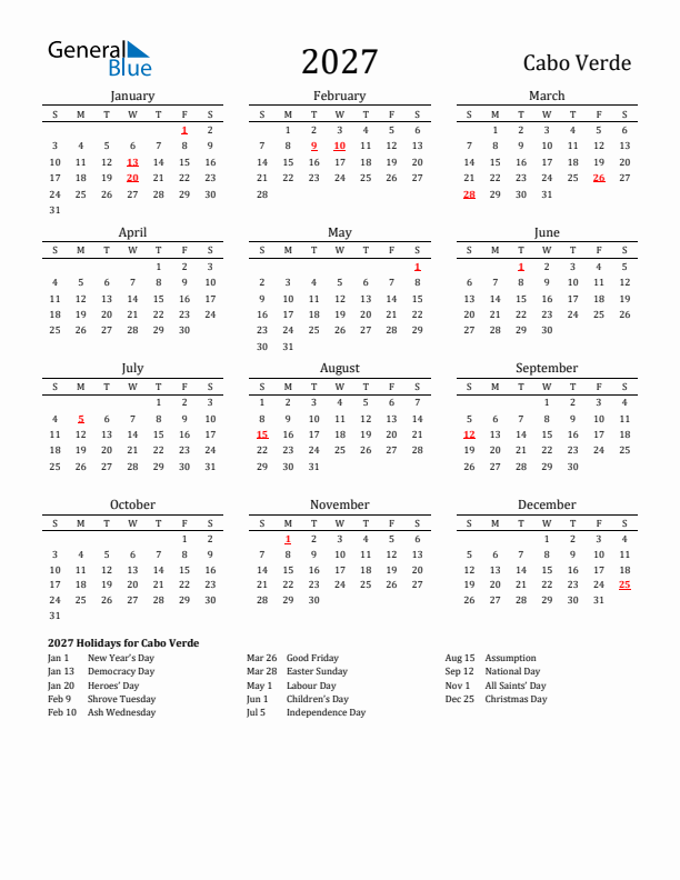 Cabo Verde Holidays Calendar for 2027