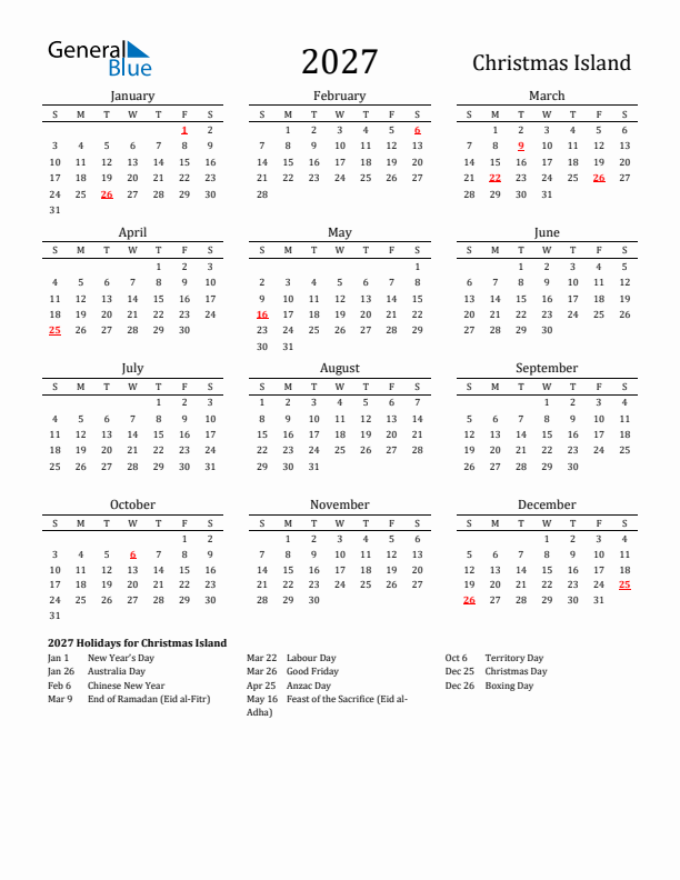 Christmas Island Holidays Calendar for 2027