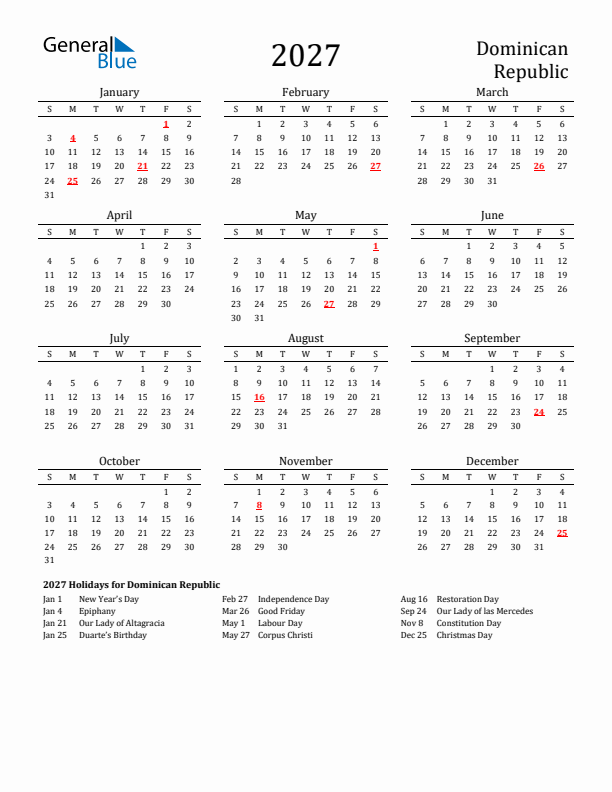 Dominican Republic Holidays Calendar for 2027