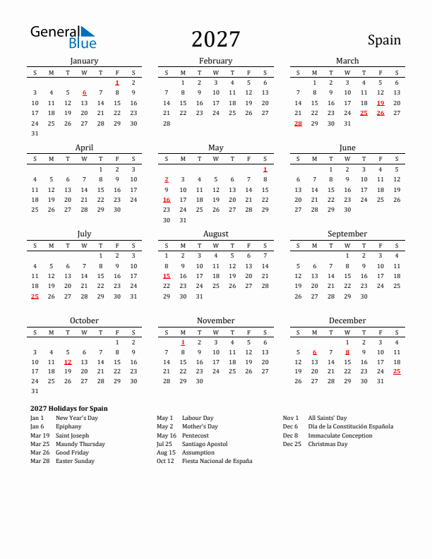 Spain Holidays Calendar for 2027