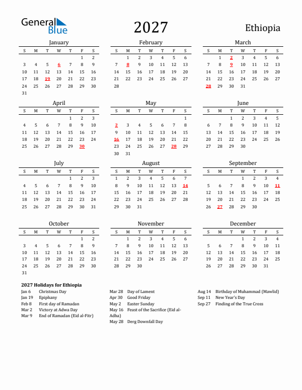 Ethiopia Holidays Calendar for 2027