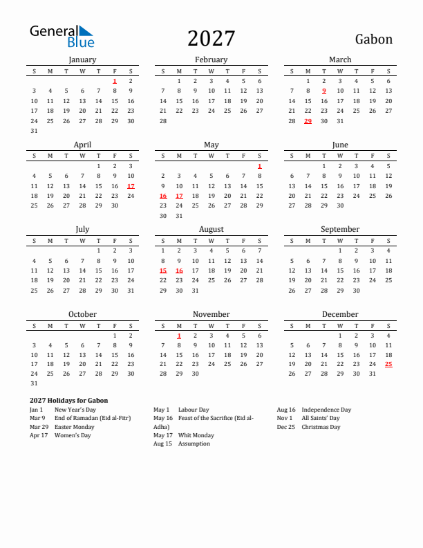 Gabon Holidays Calendar for 2027