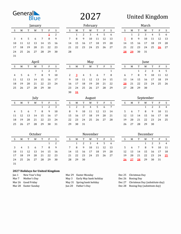 United Kingdom Holidays Calendar for 2027