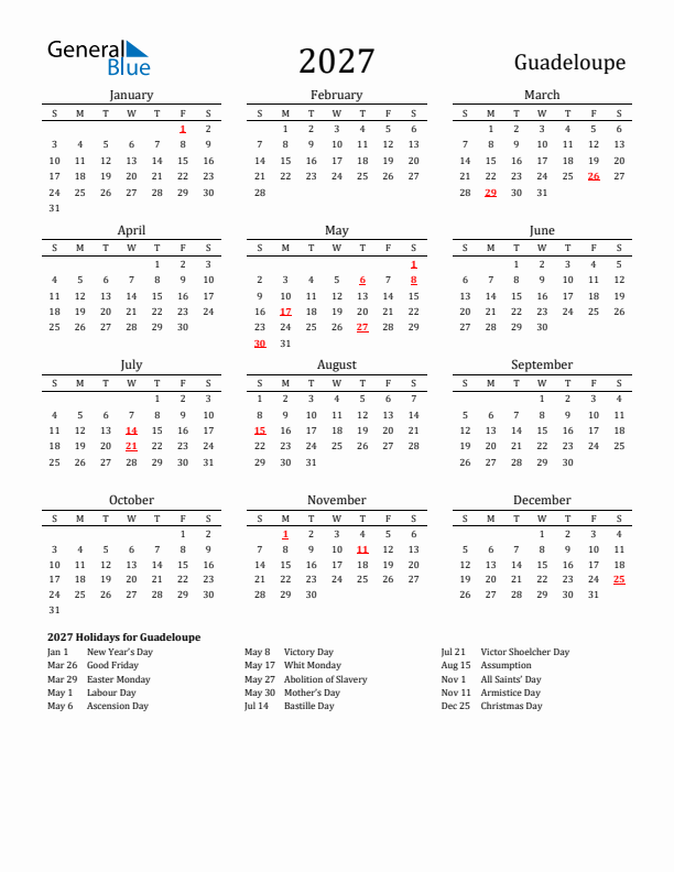 Guadeloupe Holidays Calendar for 2027