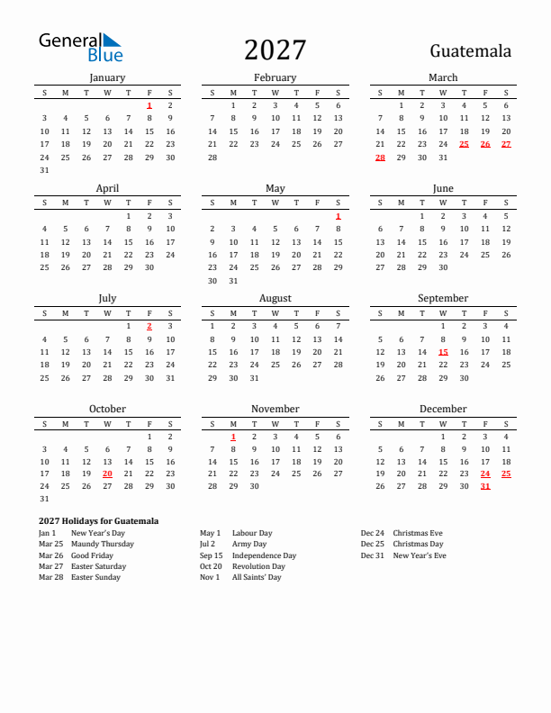 Guatemala Holidays Calendar for 2027