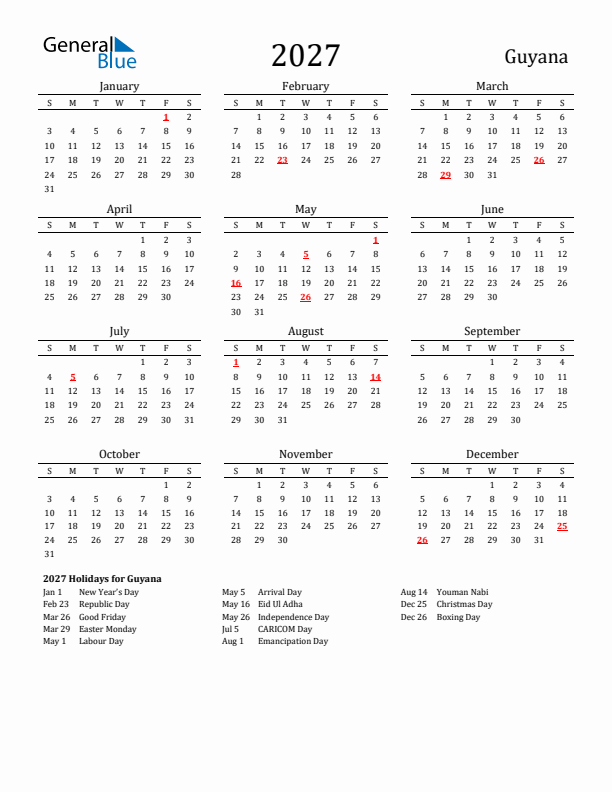 Guyana Holidays Calendar for 2027