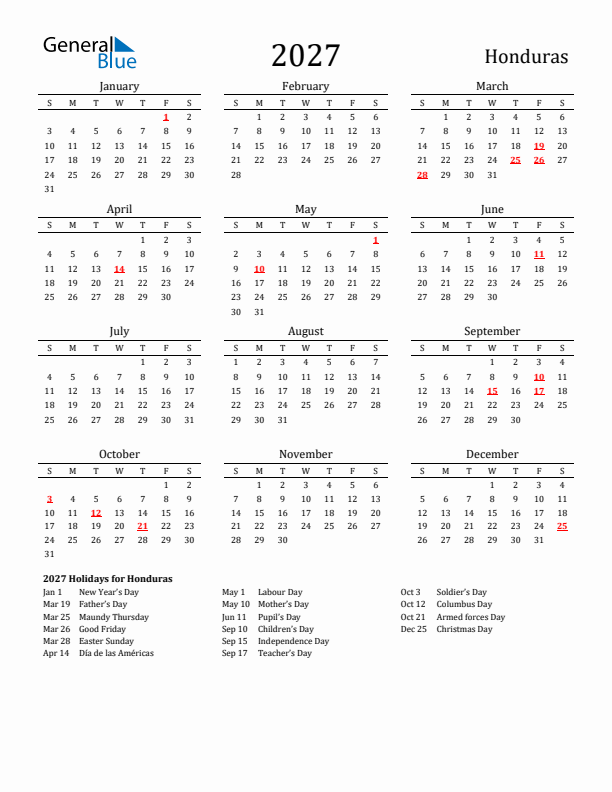 Honduras Holidays Calendar for 2027