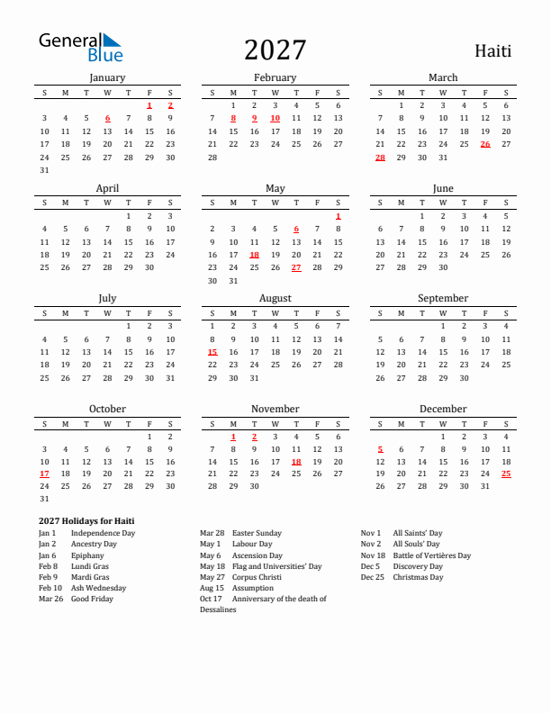 Haiti Holidays Calendar for 2027