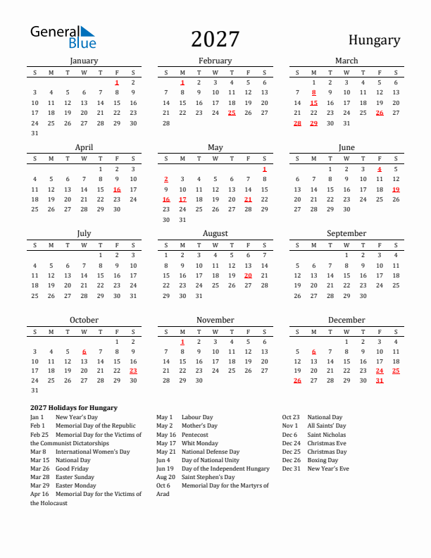 Hungary Holidays Calendar for 2027