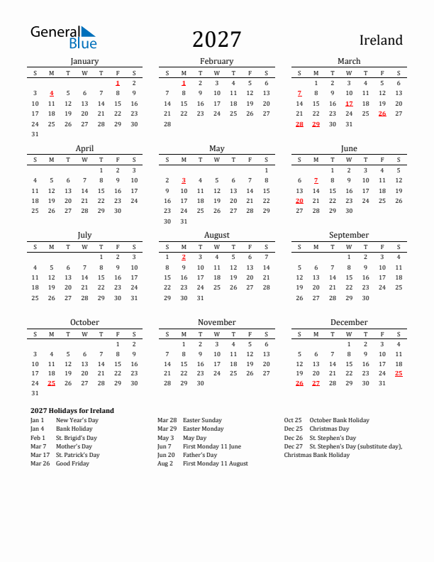 Ireland Holidays Calendar for 2027