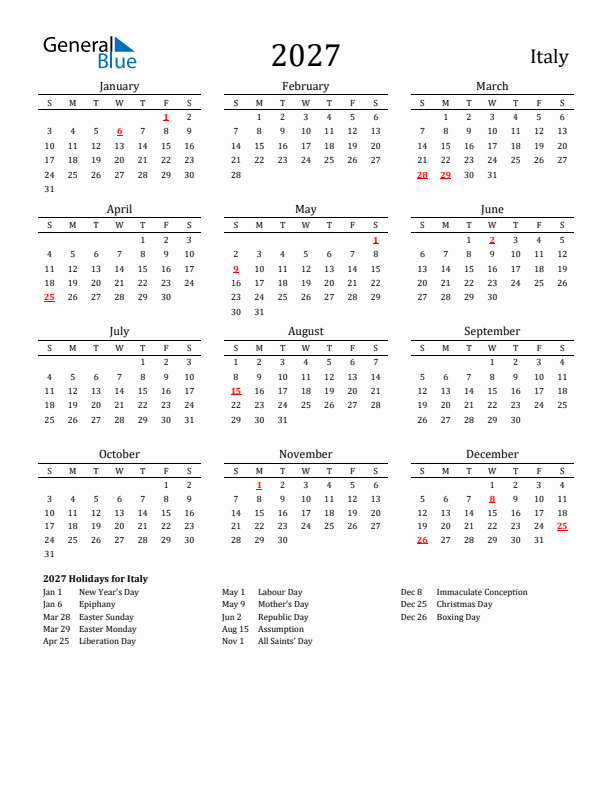 Italy Holidays Calendar for 2027