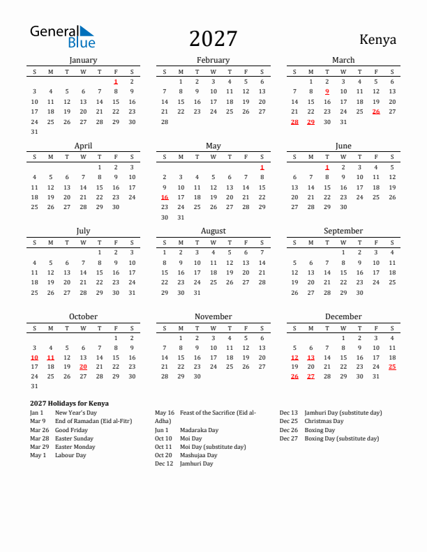 Kenya Holidays Calendar for 2027