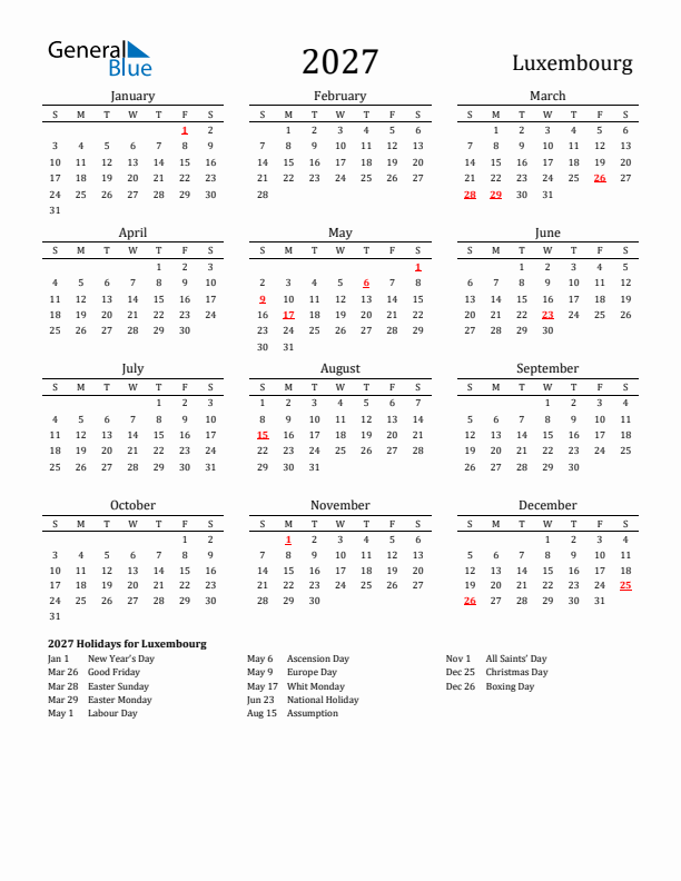 Luxembourg Holidays Calendar for 2027